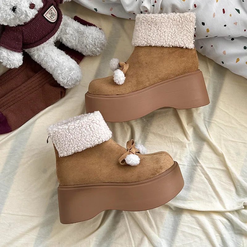 Lunivop Fashion Bow Fur Women Suede Snow Boots New 2025 Winter Plush Warm Flats Platform Short Boots Casual Cotton Shoes Ankle Botas