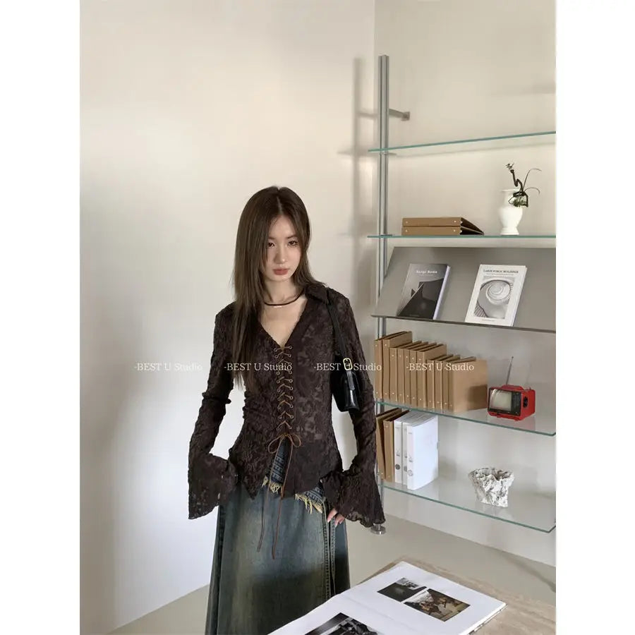 Lunivop  Hollow Out Mesh V-neck Lace Up Shirts Women Y2k E-Girl Slim Fit Long Sleeve Blouses 2025 Spring New Black Blusas De Mujer
