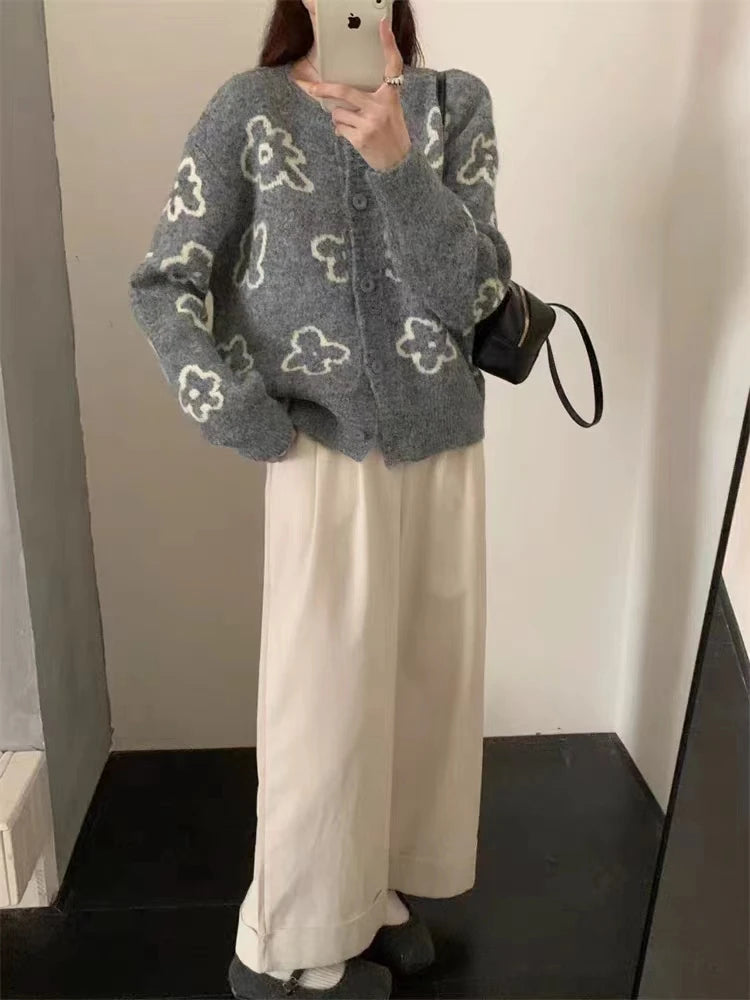 Lunivop Cute Floral Knitted Cardigan for Women Cozy O-neck Button Front Sweater Jacket Teen-girl Fall Winter Korean Fashion Outfit