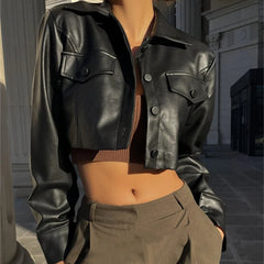 Lunivop   Autumn Faux Leather Short Jacket Y2K Turn-down Collar Fashion Botton Decoration PU Coat 2024 Grunge Street Casual Coats