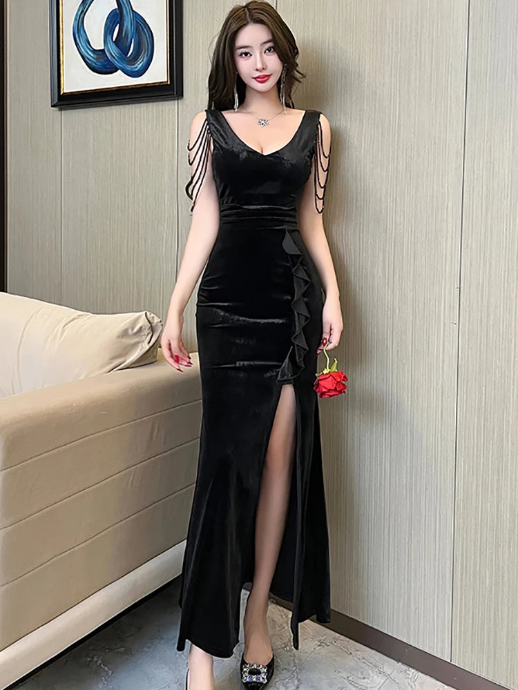 Lunivop  Spring Autumn Green Velvet Chic Tassel Sling Sexy Long Dress Women Elegant Ruffle Slit Dress Korean Fashion Bodycon Dresses