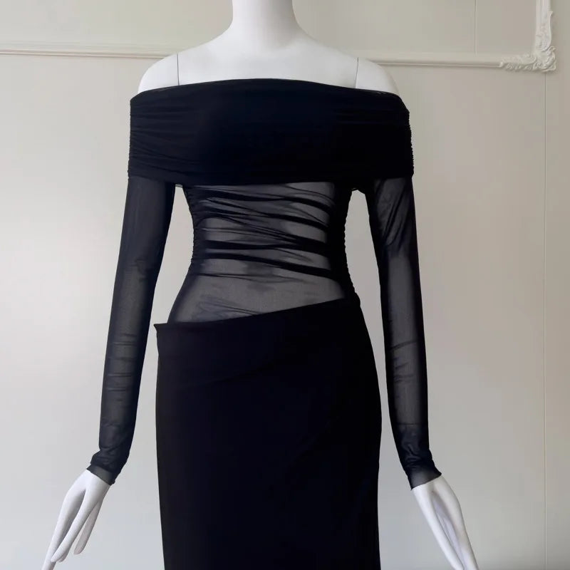 Lunivop  Fashion Mesh Hollow Out Dress Women's Slash Neck Long Sleeve Waist Retraction Dresses 2025 Summer New Tide