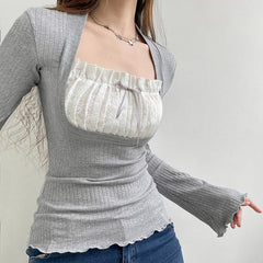 Lunivop  Cute Bow Stitched T-shirts Ladies Kawaii Folds Square Collar Full Sleeve Patchwork Fake Two-piece Crop Top Autumn Shirts