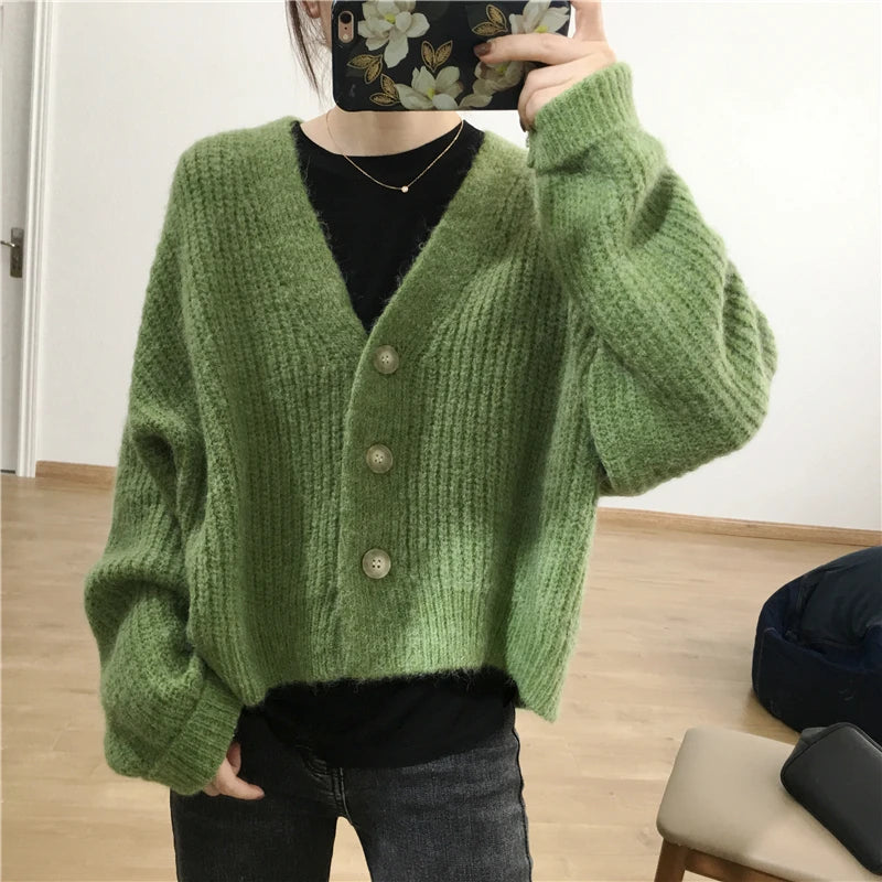 Lunivop Cardigan Women Cocoon Knitted Long Sleeve V-neck Crop Sweater Jacket Fall Winter 2025 Casual Cozy Outfit