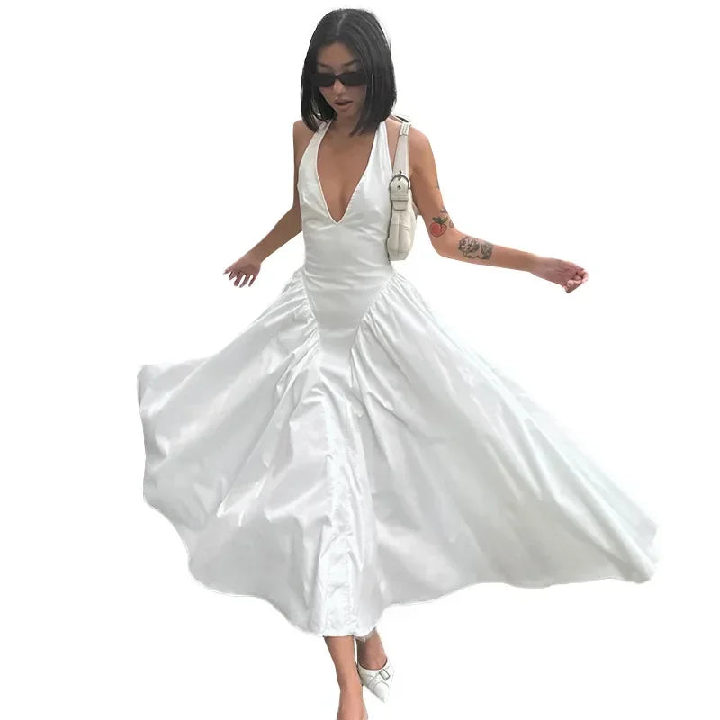 Lunivop Summer Women's American Fashion Simple Commuter Hanging Neck V-neck Solid Color Ruffle Skirt Long Dresses Women's New