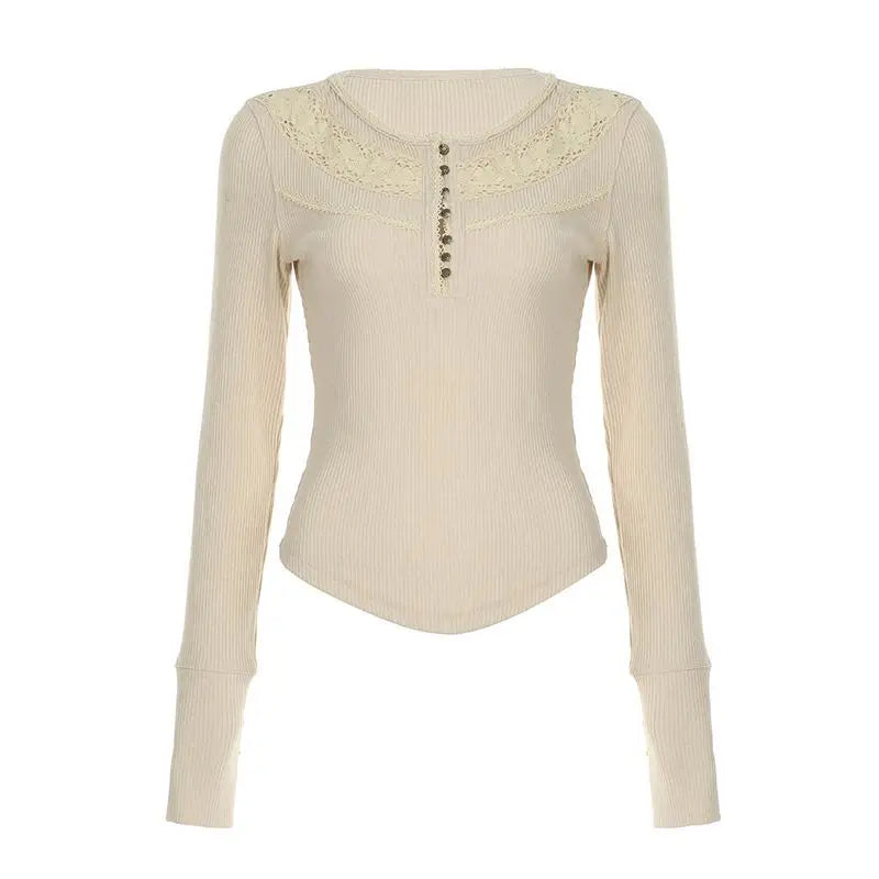 Lunivop  Elegant Vintage Lace Patchwork O-neck T-shirts Y2k Slim Fit All-match Top for Women 2025 Spring New Long Sleeve Tee Shirt