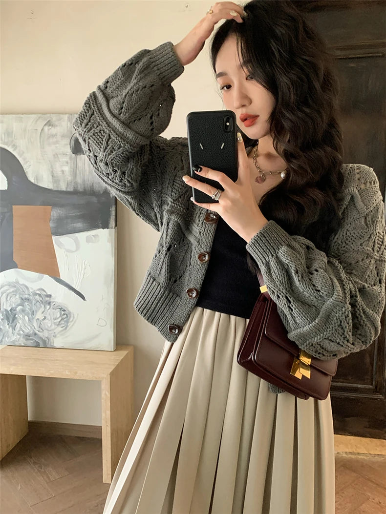 Lunivop Long Sleeve Pointelle Knit Top Women Sweater Cardigan Sheer Button-up Sweater Jacket blusas para mujer Vacation Boho Outfit
