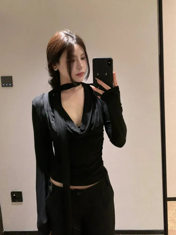 Lunivop  American Sexy V-neck Black T-shirts Irregular Slim Fit Long Sleeve Tee Shirt Spring New Long Sleeve Top for Women