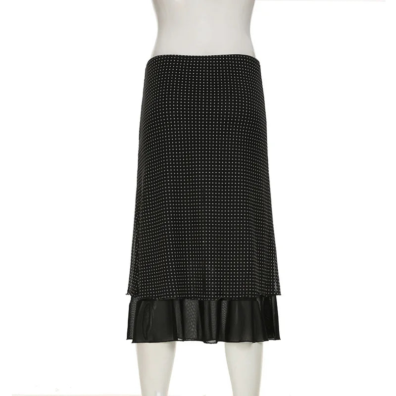 Lunivop Polka Dot Double-layer Mesh Skirts for Woman Summer Clothes Low Rise Long Black Skirt Y2k 2000s