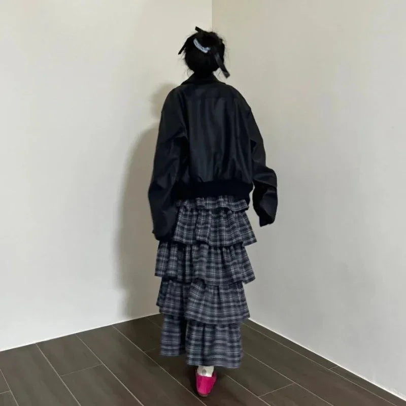 Lunivop Vintage Ruffle Plaid Skirt Women Elegant Sweet Long Skirts Japanese Style Streetwear Fashion Patchwork Layered Skirt