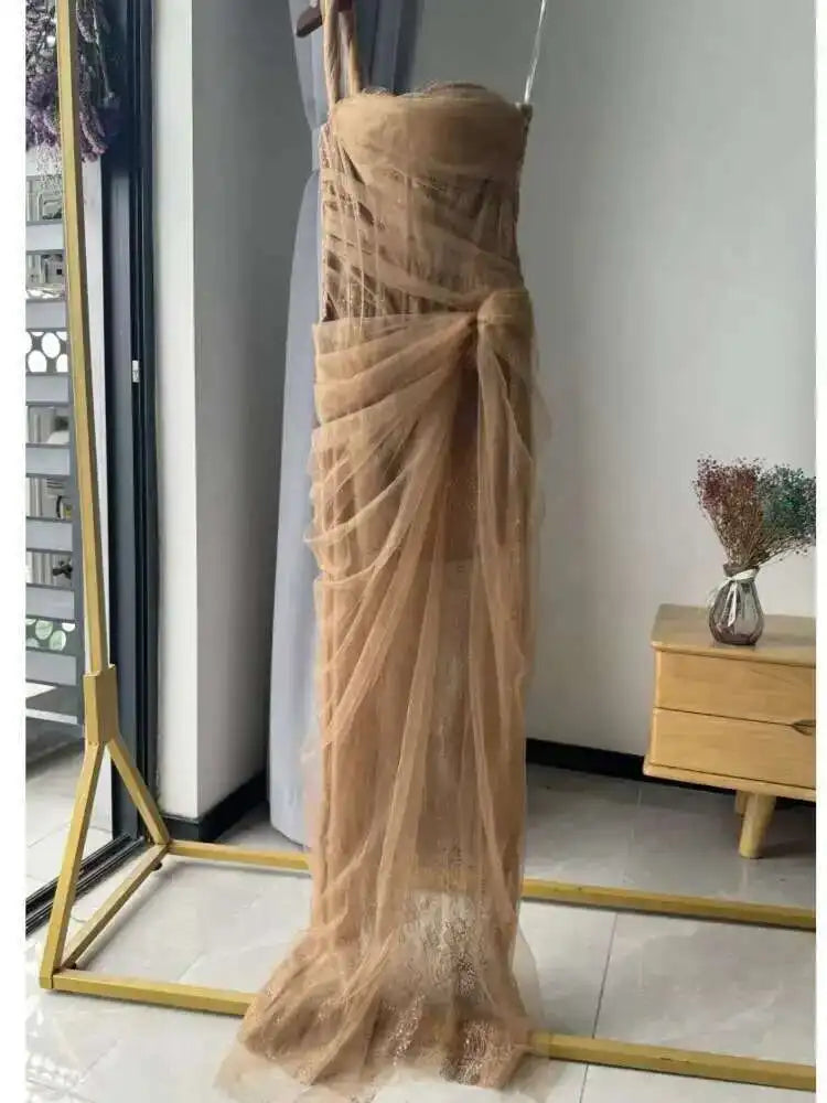 Lunivop Mesh Dress For Vacation,single Straps High Waist Long Vestido,pullover Sheer Fake Two Pieces Party Dresses