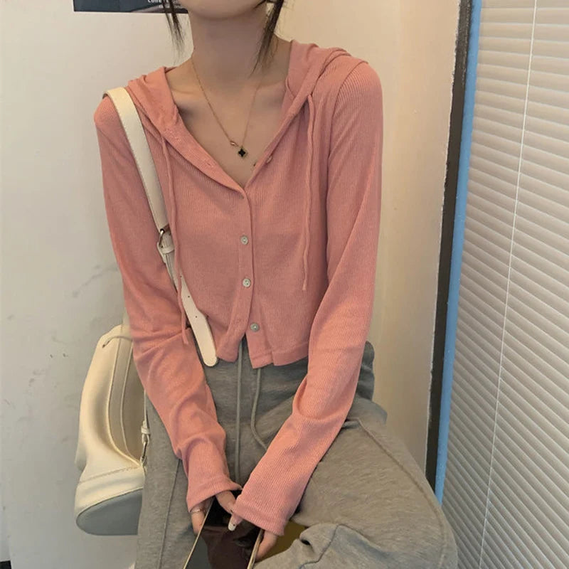 Lunivop Rimocy Summer Knitted Hooded Cardigan Women Korean Streetwear Single Breasted Crop Tops Woman Solid Long Sleeve Knitwear Top