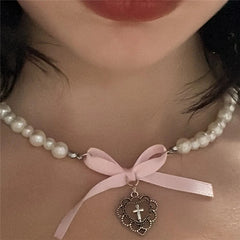 Lunivop Vintage Goth Pink Ribbon Bowknot Cross Heart Pendant Pearl Necklace Egirl Sweet Y2K Cute 2000s Lolita Jewelry EMO Accessories