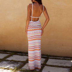 Lunivop  Fashion Women Knitted Slip Dress Summer Wave Stripe Print Backless Party Dress for Vacation Cocktail Beach Streetwear