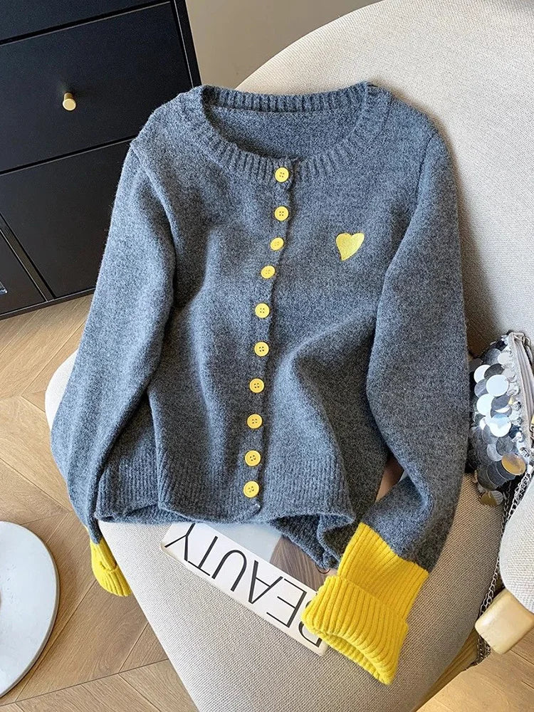 Lunivop Vintage Love Print Cardigan Women Lazy Wind Patchwork Long Sleeve Knitted Sweaters Casual O Neck Fall Retro Korean Female Tops