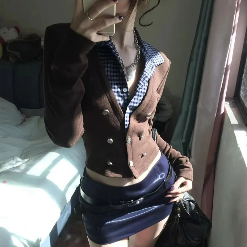 Lunivop Y2k Japanese Shirt Women Patchwork Long Sleeve Fake Two Pieces Tops American Retro 90s Gurnge Tops Tee Streetwear