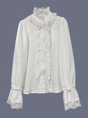 Lunivop  Euramerican High Street Fashion Spliced Lace Edge Women Blouse Y2k Thin All Match Single Breasted Loose Shirts Harajuku Punk Top