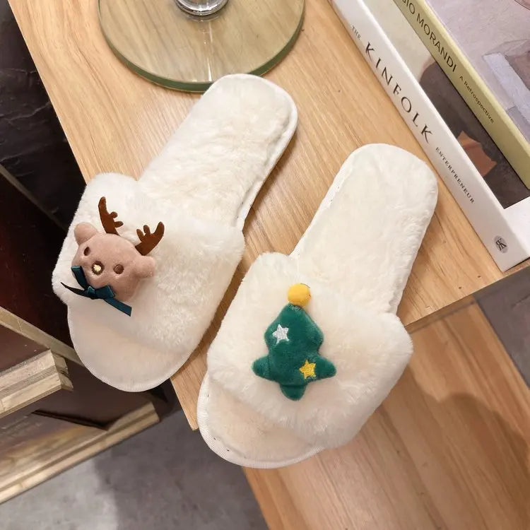 Lunivop 2025 New Christmas Elk Cotton Slippers for Women Men Winter Cute Cartoon Home Non Slip Couple Floor Slides Slip-on Plush Shoes