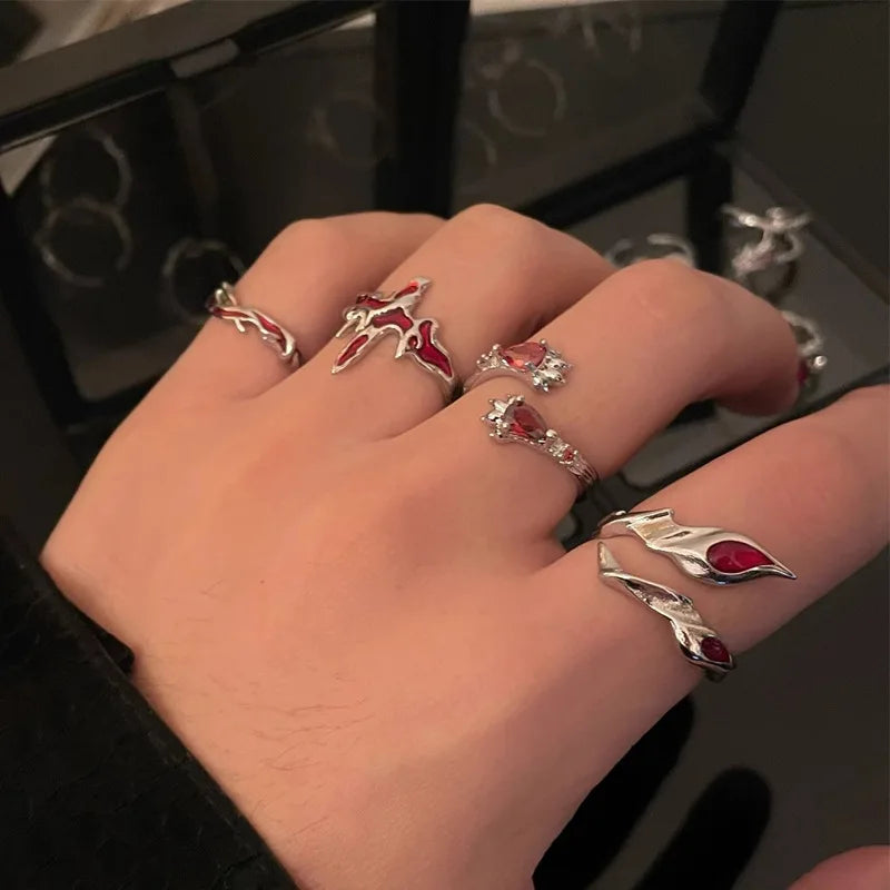 Lunivop Vintage Red Enamel Cross Open Rings For Women Men Punk Hip Hop Irregular Lava Texture Rings Y2K Aesthetic Jewelry