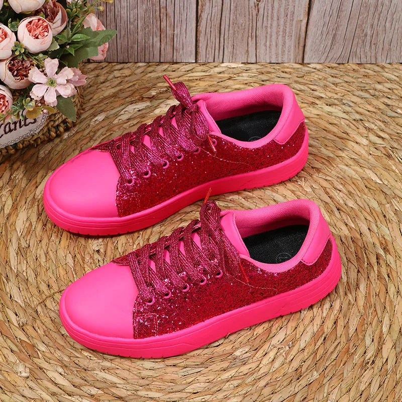 Lunivop New Women Platform Casual Sneakers Fashion Shiny Rhinestone Flat Shoes for Women Shining Crystal Sneaker Lacing Trend Shoes