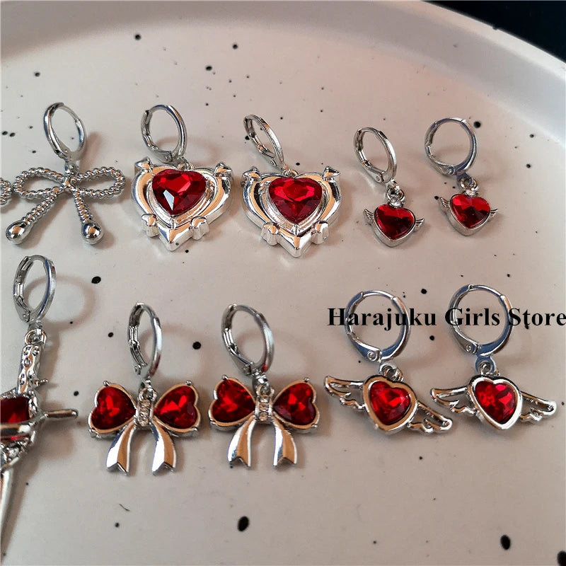 Lunivop Y2K Goth Heart Cross Star Pendant Earrings Red Zircon Love Bowknot Dangle Earring Gothic Fashion Women Jewelry Christmas Gifts