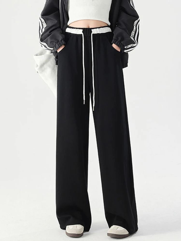 Lunivop Women Loose Vintage Sweatpants High Waist Casual Pockets Wide Leg Pant Streetwear High Quality Retro American Gray Pants