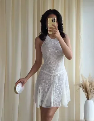 Lunivop  Women Sexy Lace Mini Halter Dress Chic Solid Sleeveless Backless Sequin A-line Slim Fit Dresses New Ladies Party Vestidos