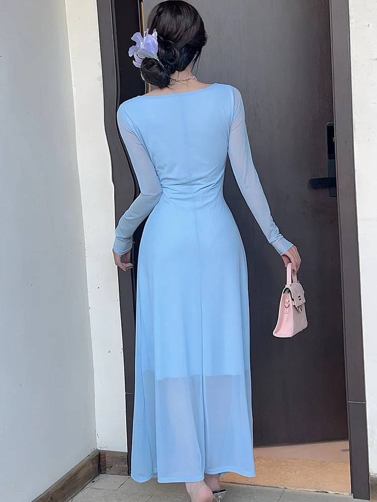 Lunivop  Women Blue Mesh Patchwork Lace Square Collar Long Dress Summer Elegant Casual Dress with Long Sleeve Korean Bodycon Dresses