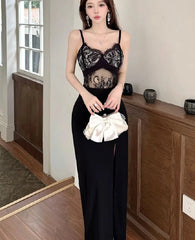 Lunivop  Woman Dress Sleeveless Hollow Out Sexy Elegant Slim Split Lace Patchwork V Neck Backless Party Dresses Female Fashion
