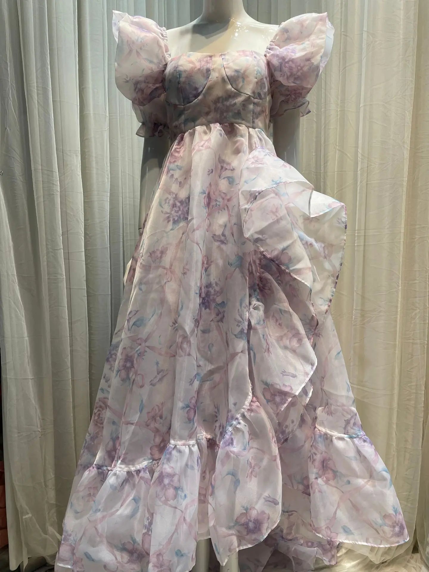 Lunivop New Print Women Floor-Length Dress French Niche Design Floral Tail Square Neck Bubble Sleeve Dresses Female
