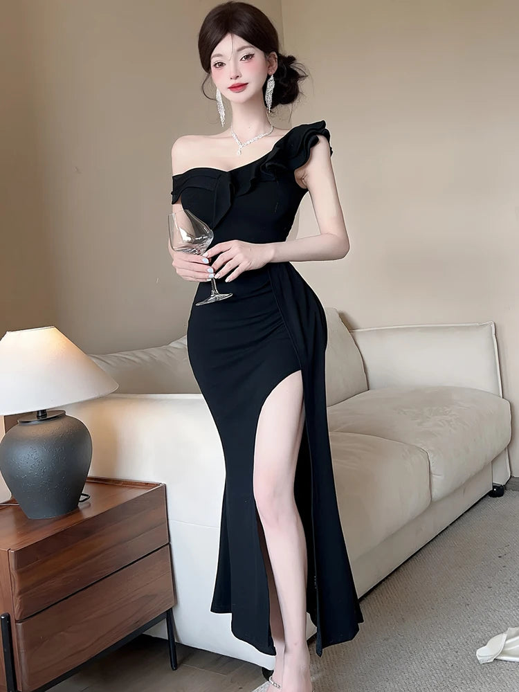 Lunivop  Women Red Off Shoulder Ruffled Sexy Slong Long Dress Summer Elegant Luxury Slit Dress Korean Vintage Festival Evening Dress