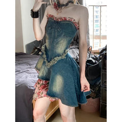 Lunivop  Retro Spicy Girl Rose Floral Patchwork Denim Dress Women's Summer New Design Waist Cinching Strapless Mini Skirt Dress
