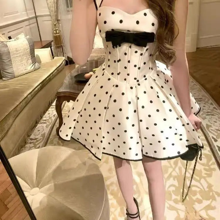 Lunivop  Elegant Sweet Wave Point Bow Ruched A-line Dresses 2025 New Camisole Vest Dress for Women Y2k Slim Waist Vestidos De Mujer