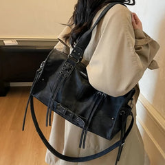Lunivop  Retro Motorcycle Handbag Women Horizontal Tote Storage Tassel Design Pillow Shoulder Bag Trendy Large Capacity Soft Underarm Bag