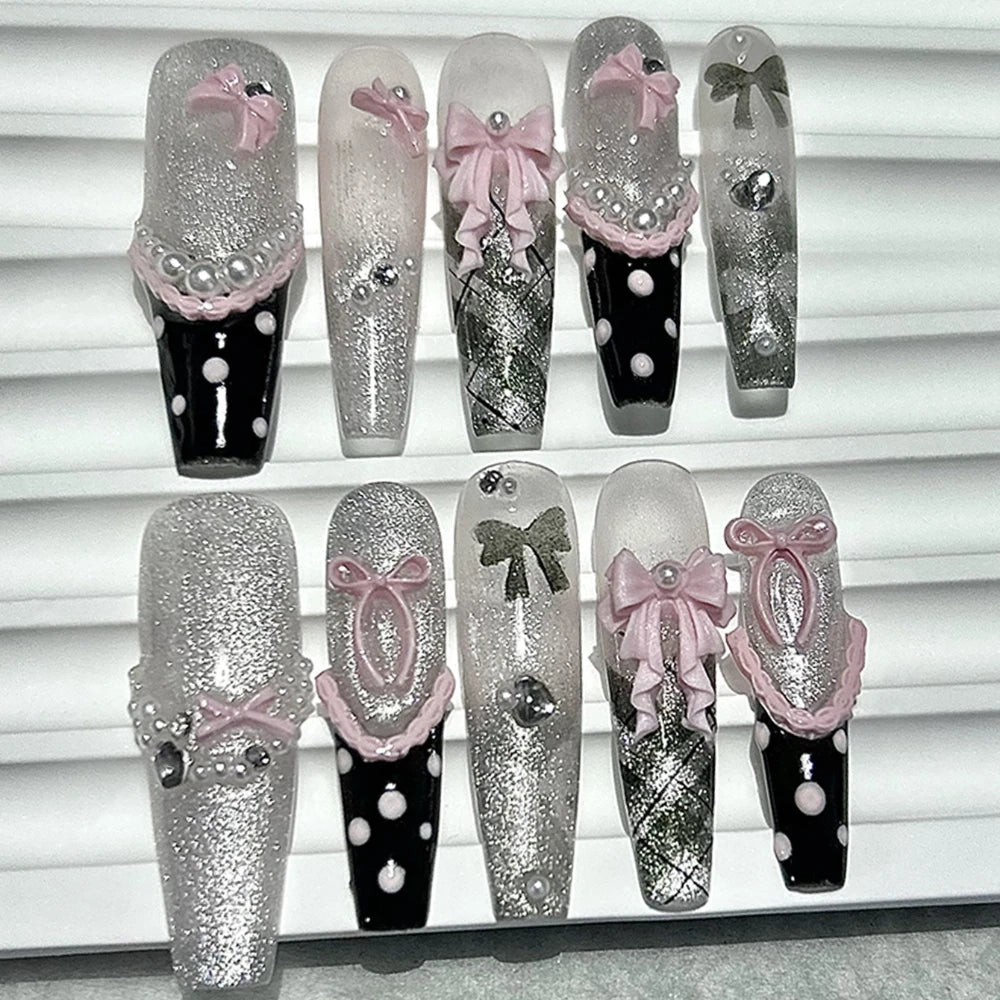 Lunivop  10PCS Y2K Black Pink French Handmade Press On Nails Cute Lace Ribbon Polka Dot Bow Long Nail Art Sweet Edgy Glitter Fake Nails
