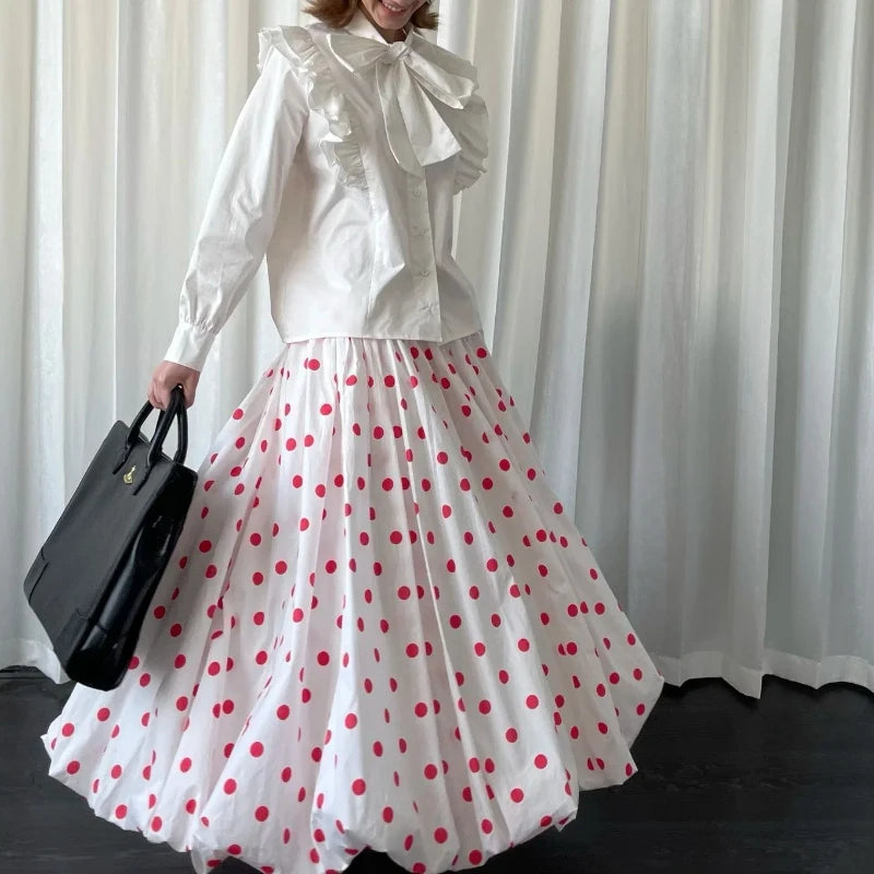 Lunivop Vintage Sweet Long Skirt Women Elegant Red Polka Dot Maxi Skirts Japanese Style Harajuku High Waist Loose Ruffle Skirts