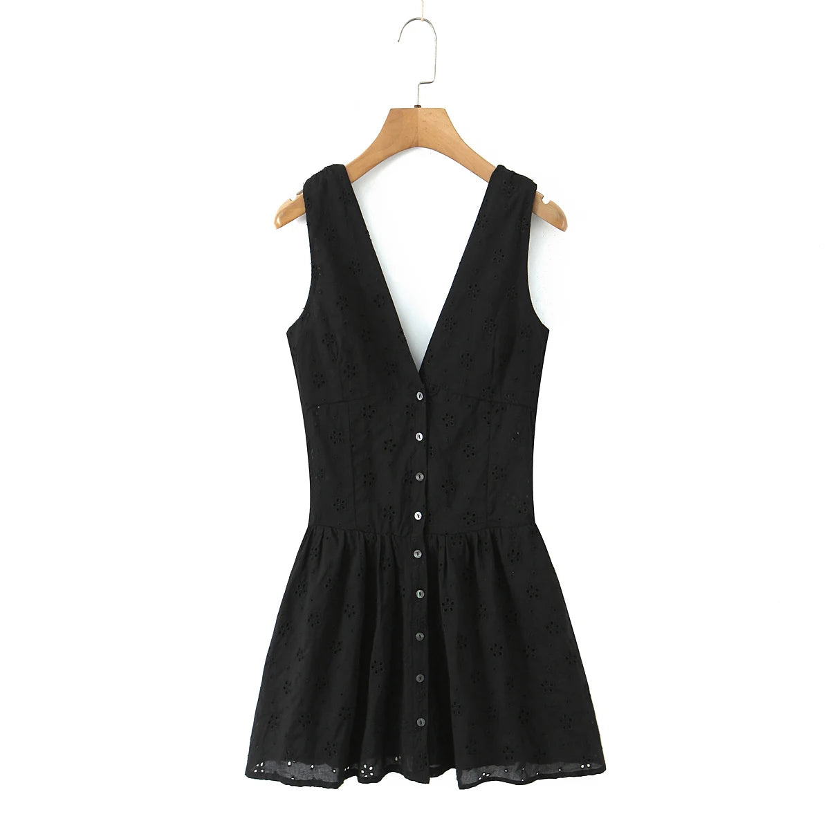 Lunivop  Summer Sexy Hollow Out Hole Deep V neck Tank Dress Women Open Buttons Slim Waist Folds Hem A-lined Sleeveless Dresses Vestidos