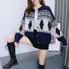 Lunivop Argyle Cardigan Sweaters Women Geometric Print Long Sleeve Button-up Knitted Coat Soft Knitwear Vintage Fall Winter Outfit