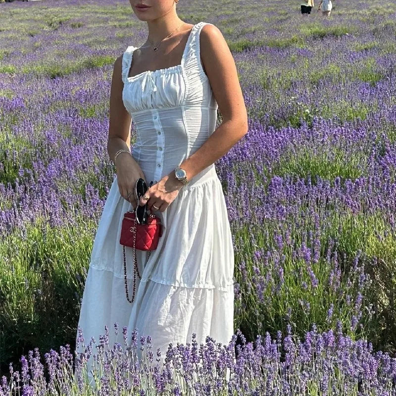 Lunivop   Elegant Square-neck White Maxi Dress Casual Summer Slim Lace Up Sleeveless Dreses 2024 French Party Beachwear Vestidos
