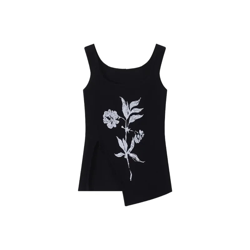 Lunivop Autumn New High Street Floral Printed Irregular Sexy Knitted Camisole Women + Black Long-sleeved T-shirt Two-piece Suit