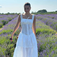 Lunivop   Elegant Square-neck White Maxi Dress Casual Summer Slim Lace Up Sleeveless Dreses 2024 French Party Beachwear Vestidos