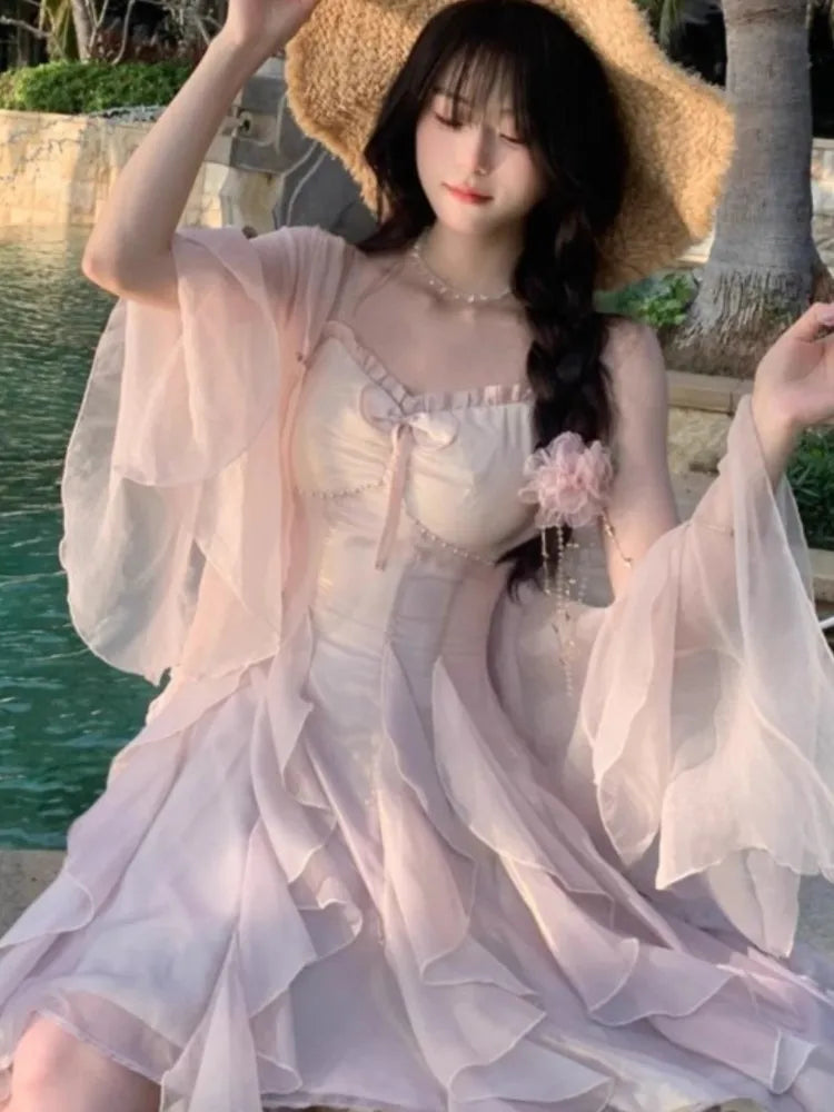 Lunivop   Women Trendy Two Ruffle Asymmetrical Fairy Sweet Dresses Sexy V Neck Spaghetti Strap Chic Party Dress Korean Sweet Summer New