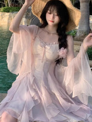 Lunivop   Women Trendy Two Ruffle Asymmetrical Fairy Sweet Dresses Sexy V Neck Spaghetti Strap Chic Party Dress Korean Sweet Summer New