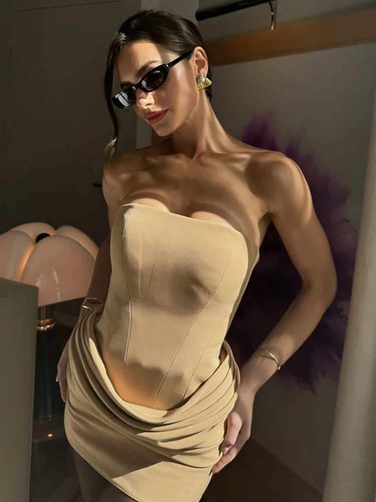 Lunivop Sexy Strapless Ruched Women Mini Dress Khaki Backless High Waist Dress Female Autumn Skinny Elegant Party Clubwear