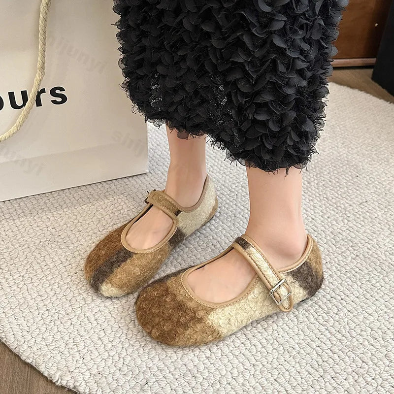 Lunivop Winter Shoes for Women Flats Wool Mary Janes Shoes Plaid Warm Boat Shoes Buckle Strap Plush Ballet Flats Autumn Loafers