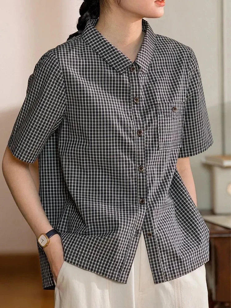 Lunivop Japan Plaid Shirt Women Vintage Causal Short Sleeve Simple Blouse Preppy Style Retro Loose Female Summer Cute All Match Top