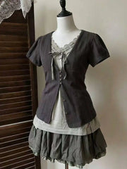 Lunivop  Gothic Vintage 3 Piece Set Causal Short Sleeve Cardigan Slim Fit Tops High Waist  Y2k Mini Skirt Streetwear Fashion Suit