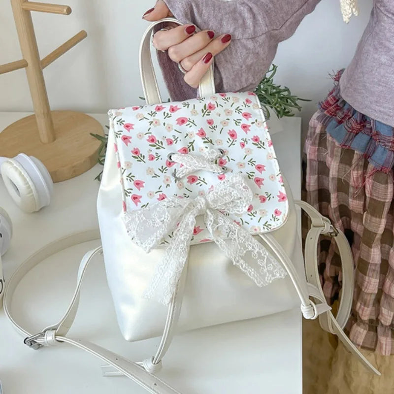 Lunivop Elegant Fashion Womens Backpack Flower Korean Style Casual Bow Sweet Small Backpack Pu Leather Luxury Female Aesthetic Bags