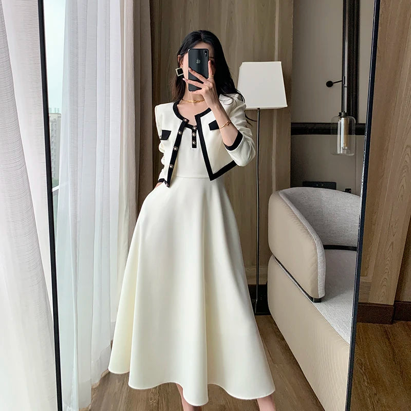 Lunivop Women Short Coat A-Line Midi Camisole Dresses Spring Elegant 2-Piece Dress Set for Lady Slim Korean New Fashion Female Suit New