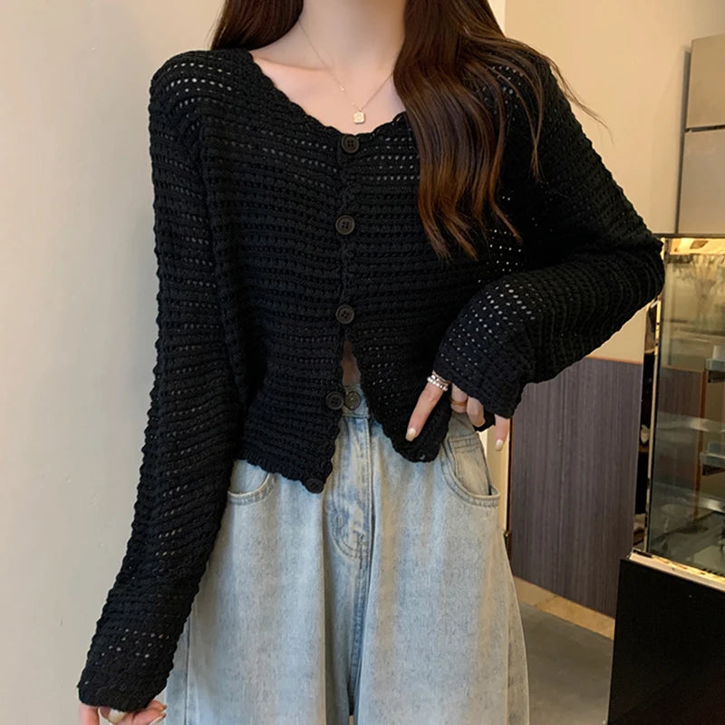 Lunivop Women Button Up Short Cardigan Knitted Shirt Hollow Out Crochet Crop Top Long Sleeved Thin Cover Up Teen-girl Casual Outfit